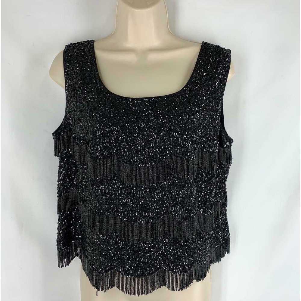 Vintage Hong Kong Top Beaded Fringe Sequin S Gatsby Flapper Black Evening B-38